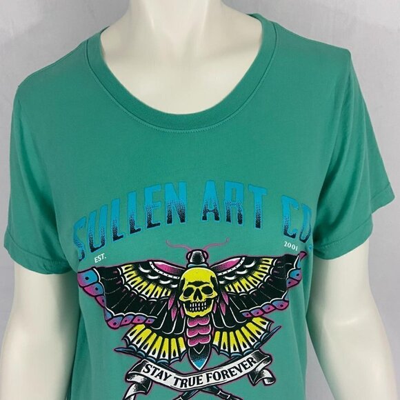 Sullen Angels Women’s T-shirt Top Butterfly Graphic Teal Green Short Sleeve Sz L - Picture 2 of 6